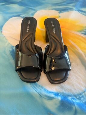 Marc Fisher Black Patent Slide Mules with Block Heel